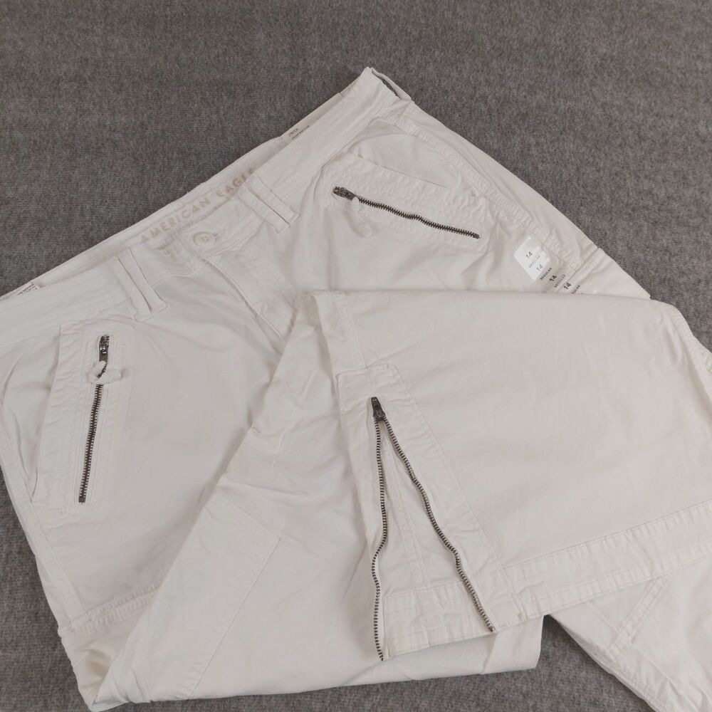 American Eagle Low Rise Baggy Flare Cargo Pants Women's Size 14 White NWT
